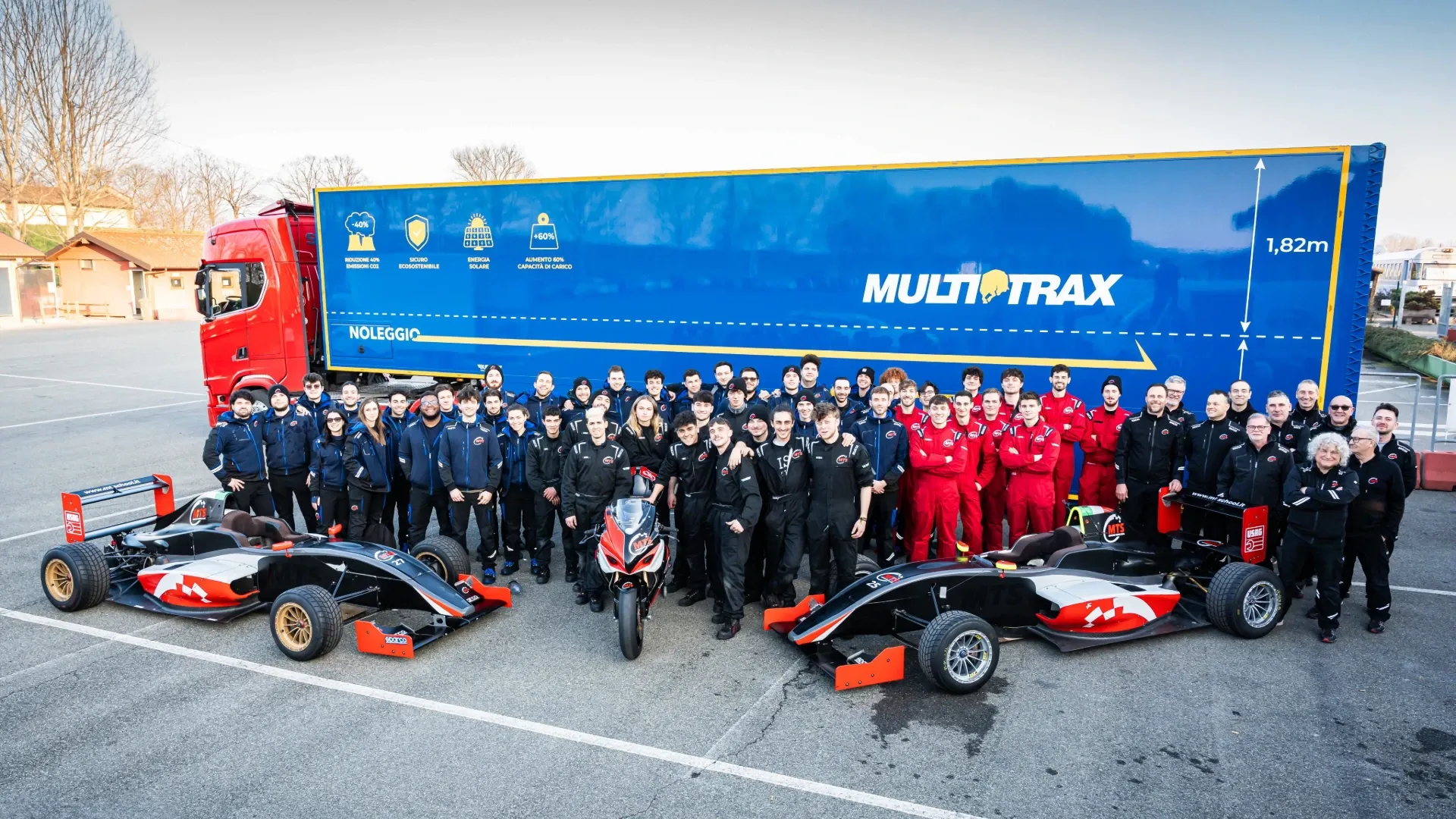 Foto di gruppo dei meccanici in formazione, con due auto da Formula 4 e una moto da corsa, davanti a un semirimorchio doppio piano Burgers con logo Multitrax