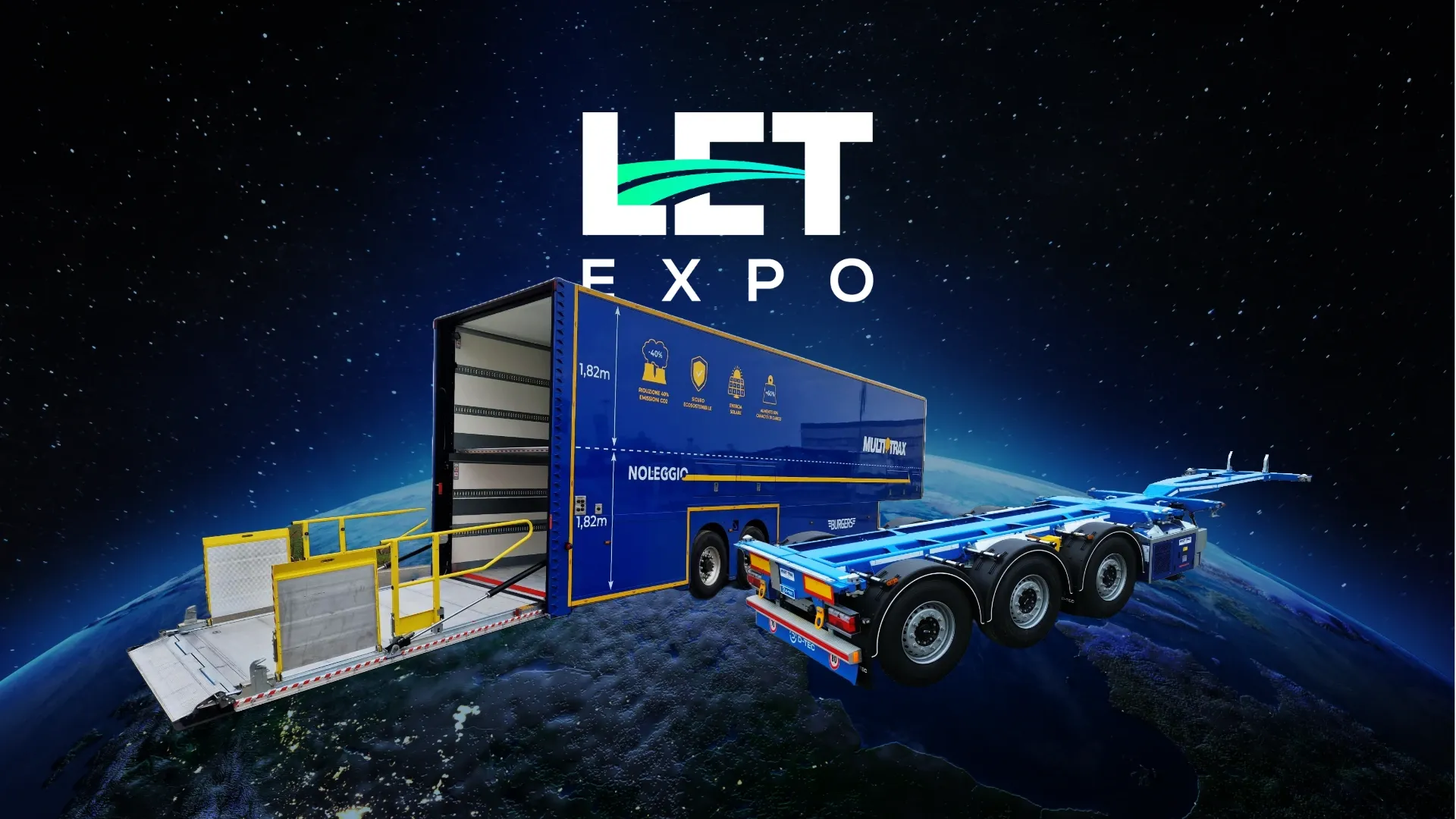 Semirimorchio e portacontainer con logo Multitrax davanti al logo di LetExpo